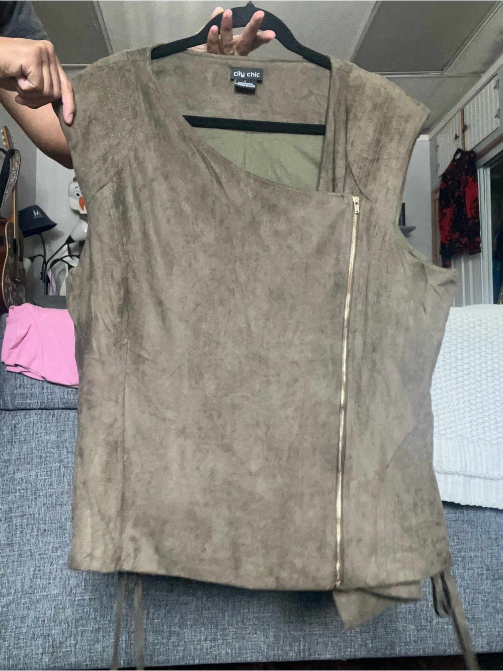 City Chic Faux Suede Moto Vest Top- Zip Front
